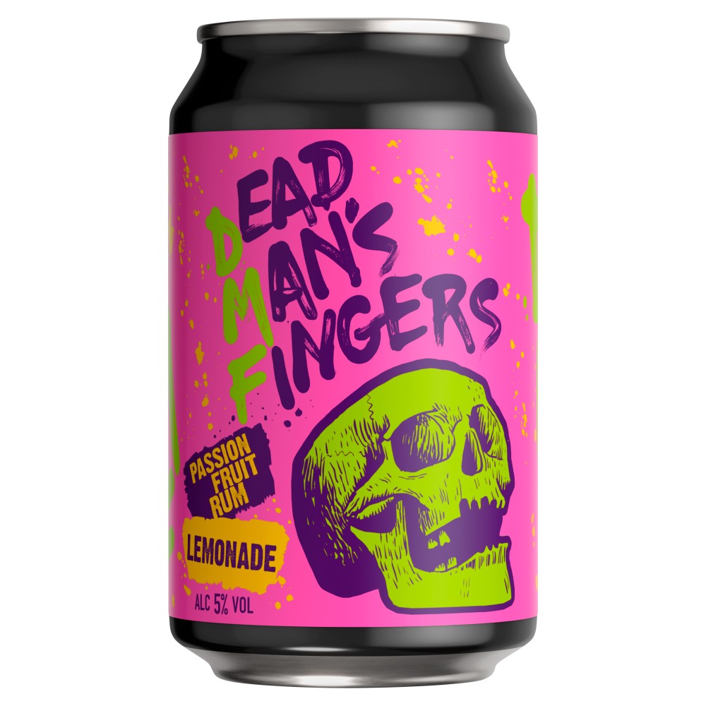 Bright pink can featuring a green skull graphic, bold text reading "Dead Man's Fingers Passion Fruit Rum with Lemonade," and details about alcohol content and flavor.