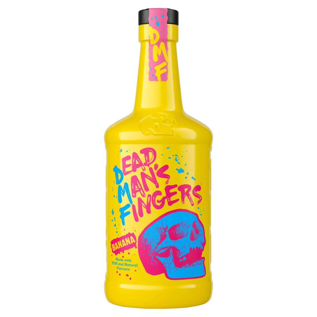 Bright yellow bottle of Dead Man's Fingers Banana Rum, featuring a pink skull design and vibrant splashes, with bold text highlighting the brand and flavor.