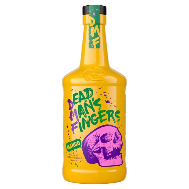 Bright yellow bottle of Dead Man's Fingers Mango Rum, featuring a purple skull design and bold green text, with a black cap and colorful splatter accents.