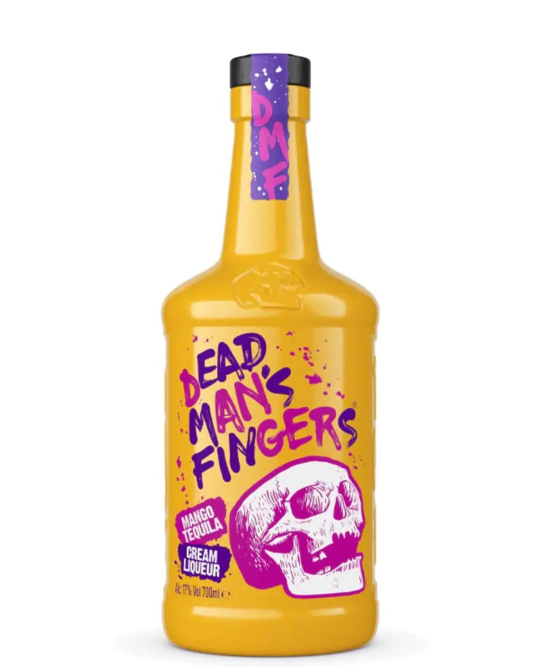 Bright yellow bottle with a skull design and vibrant purple text, labeled "Dead Man's Fingers Mango Tequila Cream Liqueur," 70 cl capacity.