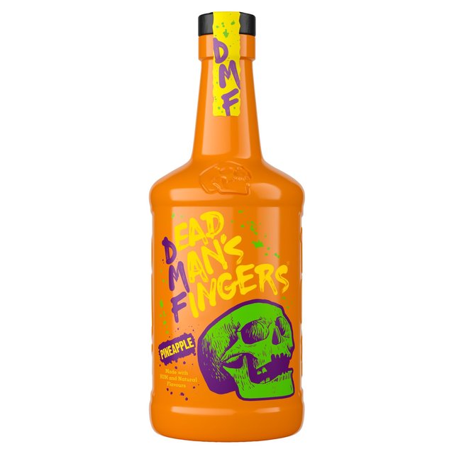 Bright orange bottle of Dead Man's Fingers Pineapple Rum featuring a green skull design and bold, colorful text, with a yellow cap and a capacity of 70 Cl.