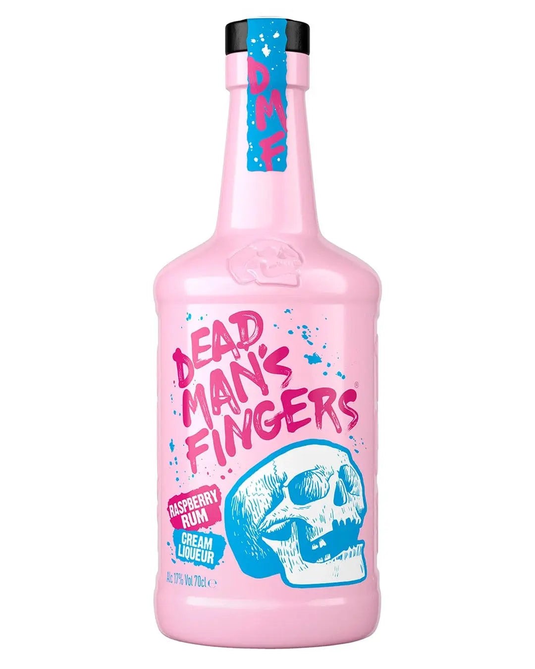 Pink bottle of Dead Man's Fingers Raspberry Rum Cream Liqueur with a blue skull design and vibrant text, featuring a blue cap and 70 Cl volume.