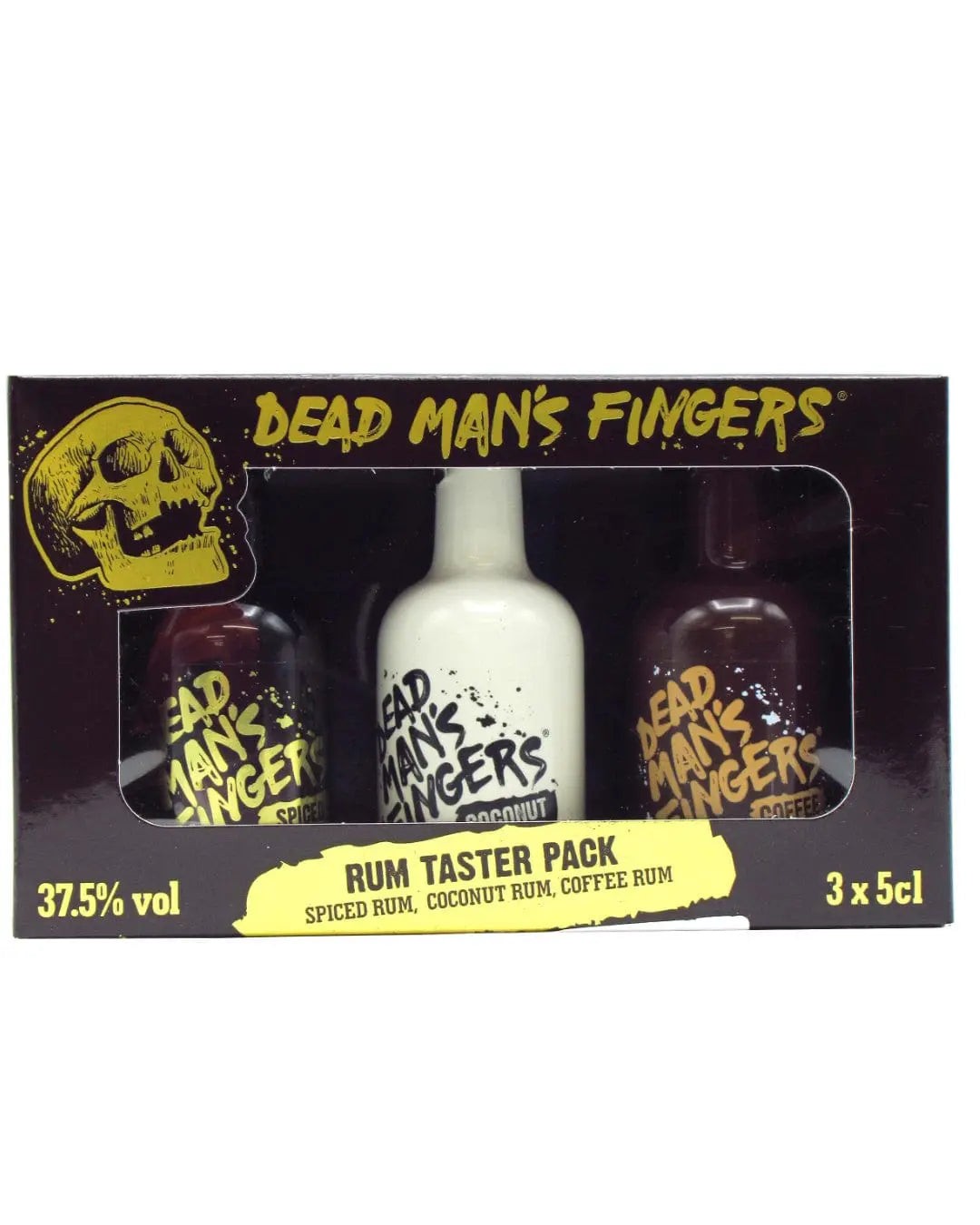 Three mini bottles of Dead Man's Fingers Rum Taster Pack in a black box featuring a skull design, including spiced, coconut, and coffee flavors, each 5 cl.