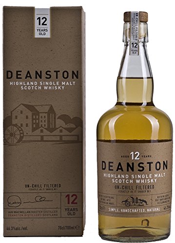 Deanston 12 Year Old Whisky in a clear glass bottle with a cork stopper, featuring a light amber color, accompanied by a beige cardboard box with brown text and illustrations.