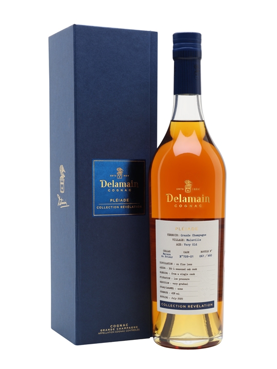 Delamain Pleiade Collection Revelation Malaville Cognac in a clear bottle with a golden amber liquid, accompanied by a blue box featuring gold lettering and detailed labels.
