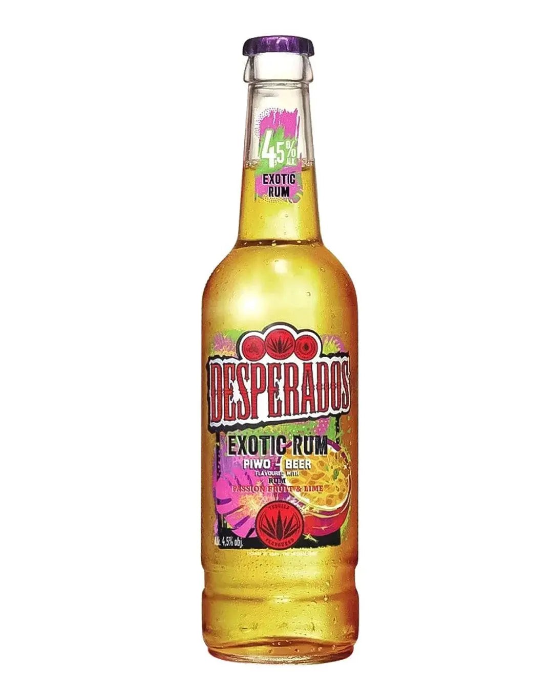 Desperados Exotic Rum Lager Beer in a clear glass bottle, featuring a vibrant yellow liquid, colorful label with bold text, and a purple cap, showcasing a tropical design.