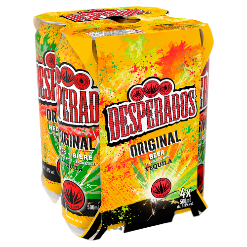 Brightly colored multipack of Desperados Premium Tequila Lager cans, featuring vibrant yellow and green packaging with bold red lettering, containing four 500 ml cans.