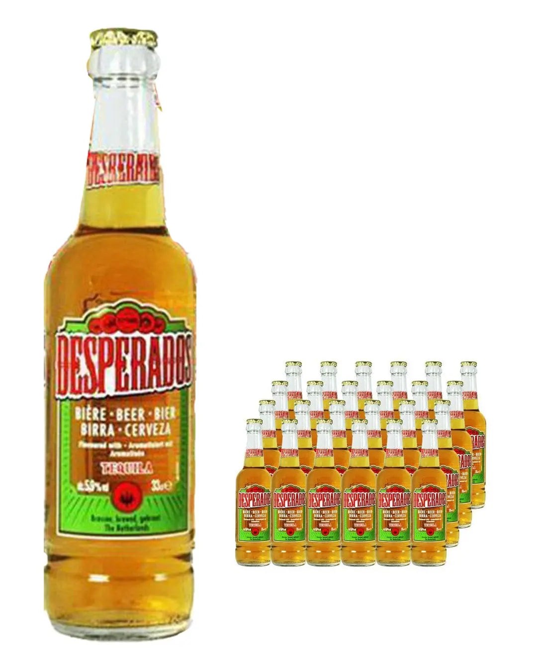 Desperados Premium Tequila Lager in a clear glass bottle with a yellow-orange beverage, featuring a vibrant label with green and red accents, surrounded by a 24-pack of identical bottles.