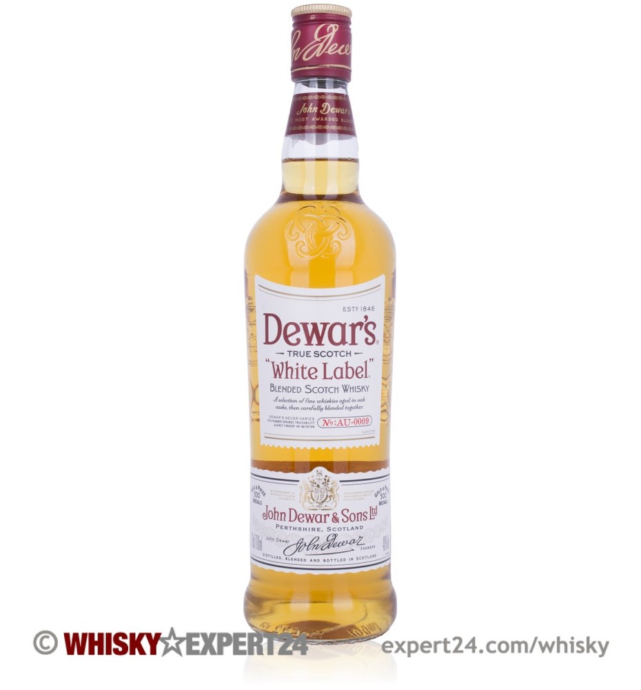 Dewar's White Label Whiskey bottle, 0.7 L, features a clear glass design with a gold liquid, red and white labels, and embossed detailing on the neck.