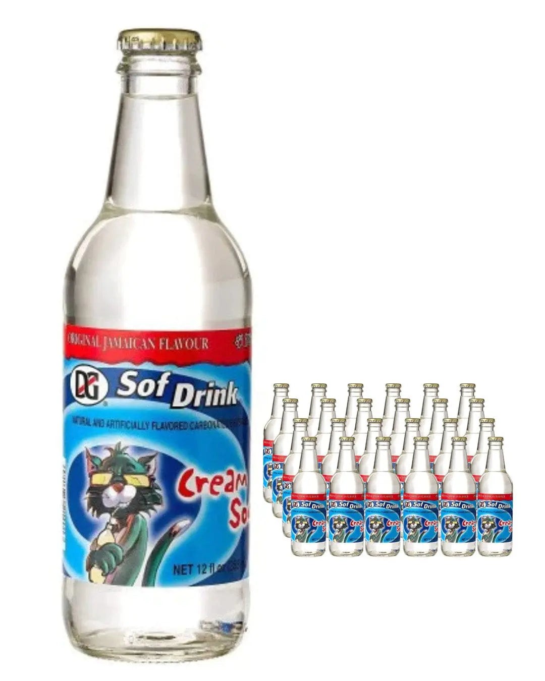 Clear glass bottles of DG Ting Cream Soda, featuring a colorful label with a cartoon cat, arranged in a 24-pack, each bottle containing 300 ml of the beverage.