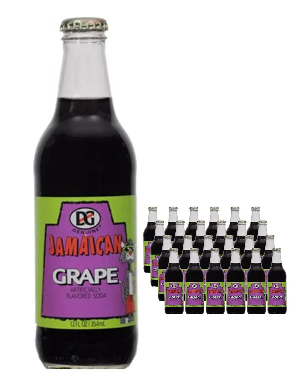 A multipack of 24 glass bottles of DG Ting Grape Soda, each with a vibrant green label featuring purple accents and a cartoon character, showcasing a dark purple soda inside.