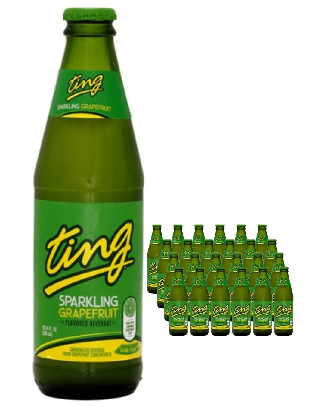 Green glass bottles of DG Ting Sparkling Grapefruit soda, featuring a bright green label and yellow accents, arranged in a 24-pack with each bottle holding 300 ml.