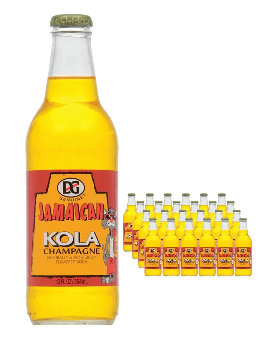 Clear glass bottle with a yellow kola soda, featuring a bright red label with "DG" logo and cartoon character, surrounded by multiple bottles in a pack.