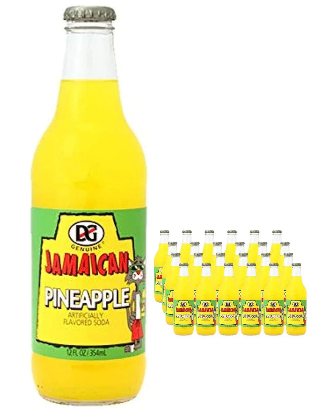 Bright yellow glass bottles of DG Ting Pineapple Soda, labeled with green and red accents, arranged in a multipack of 24, each bottle containing 300 ml.