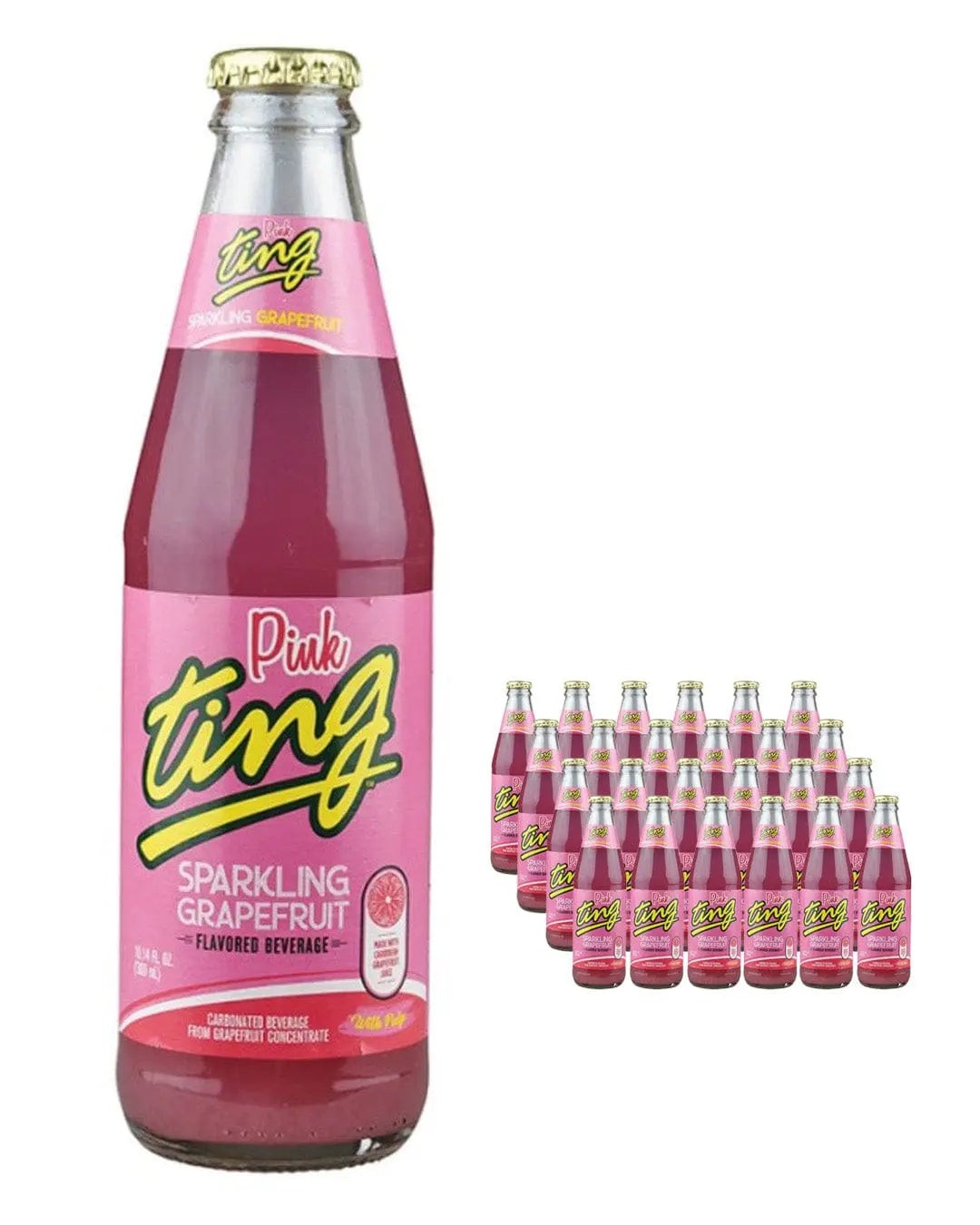 A pack of 24 glass bottles of DG Ting Pink Soda, featuring a vibrant pink label with "Pink Ting" and "Sparkling Grapefruit" text, showcasing a refreshing grapefruit beverage.