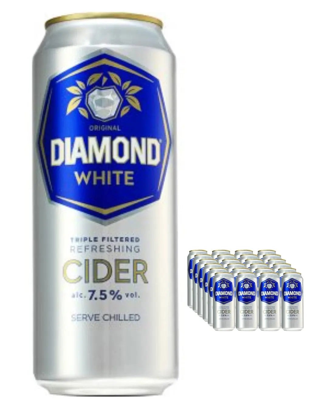 Silver cans of Diamond White Cider, featuring a blue and gold label, with 7.5% alcohol, arranged in a 24-pack, emphasizing a refreshing, chilled beverage.