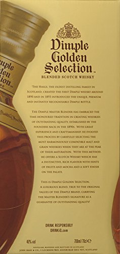 Dimple Golden Selection Whisky bottle, 70 cl, featuring a distinctive dimpled glass design, amber liquid, and elegant gold and cream label with text detailing its heritage.