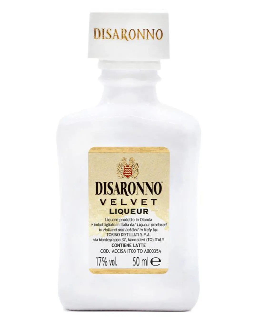 Disaronno Velvet Liqueur miniature bottle, 5 cl, featuring a sleek white glass design with a gold label and white cap, showcasing its creamy liqueur contents.