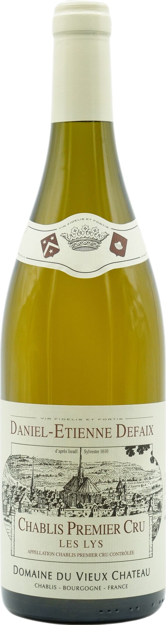 White wine bottle with a green glass body, featuring a cream label with black text, depicting "Domaine Daniel-Etienne Defaix Chablis Premier Cru Les Lys 2015" and a vineyard illustration.