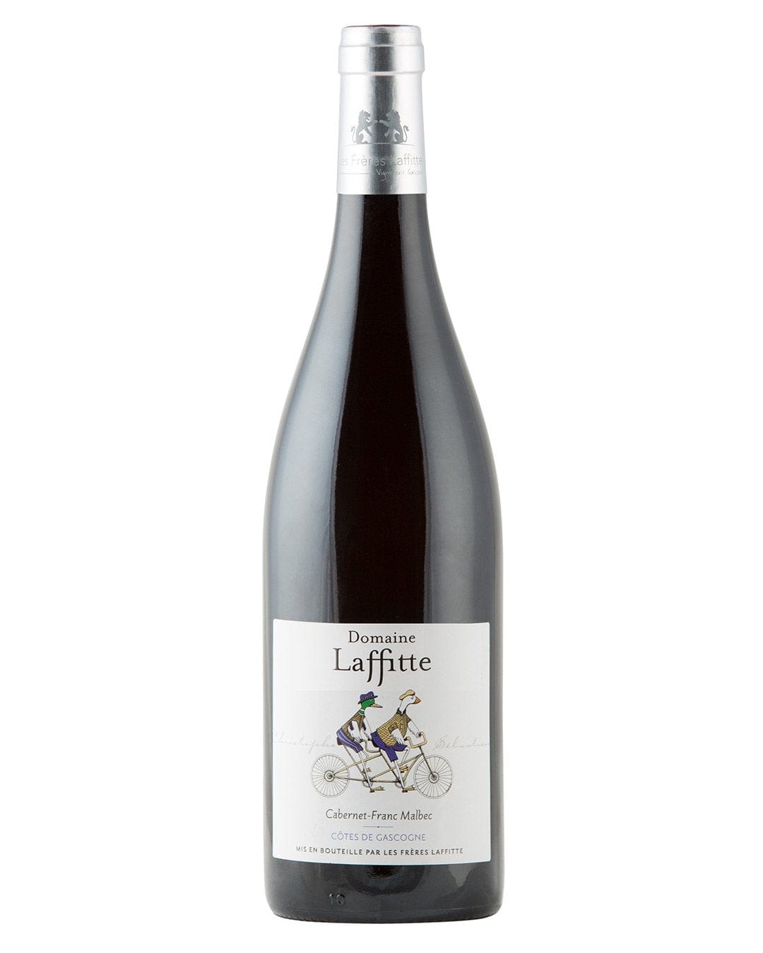 A tall, dark glass bottle of Domaine Lafitte Malbec Cabernet Franc, featuring a silver screw cap and a white label with an illustration of two cyclists.
