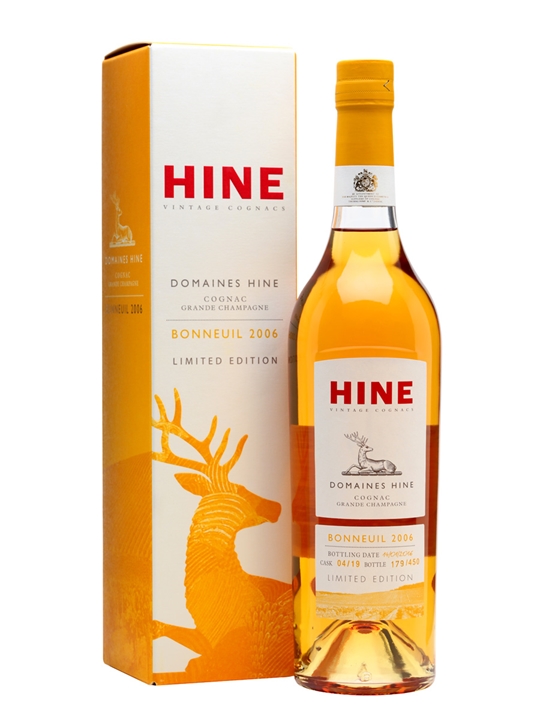 Amber-colored bottle of Domaines Hine Bonneuil 2006 Cognac, 70 Cl, with a sleek design and a gold box featuring a deer logo and limited edition label.