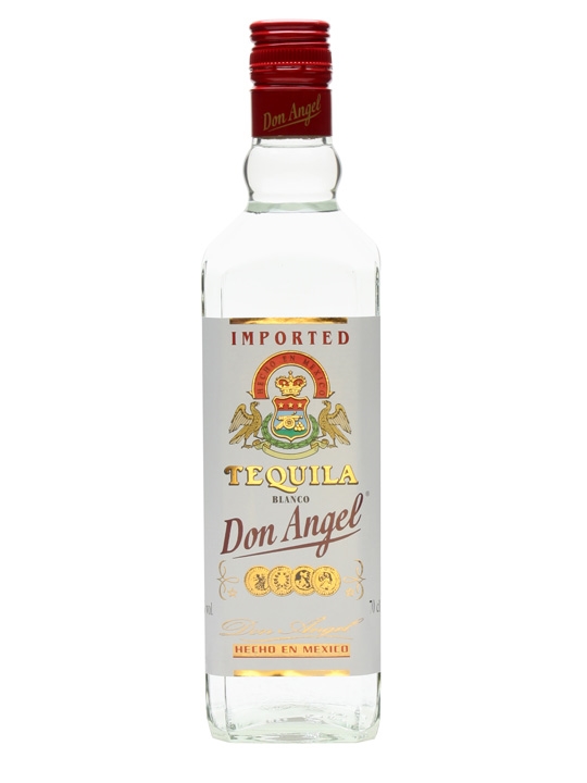 Clear glass bottle of Don Angel Blanco Tequila, featuring a red cap, gold and red label with a crest, and text indicating it's imported and made in Mexico, 70 Cl size.
