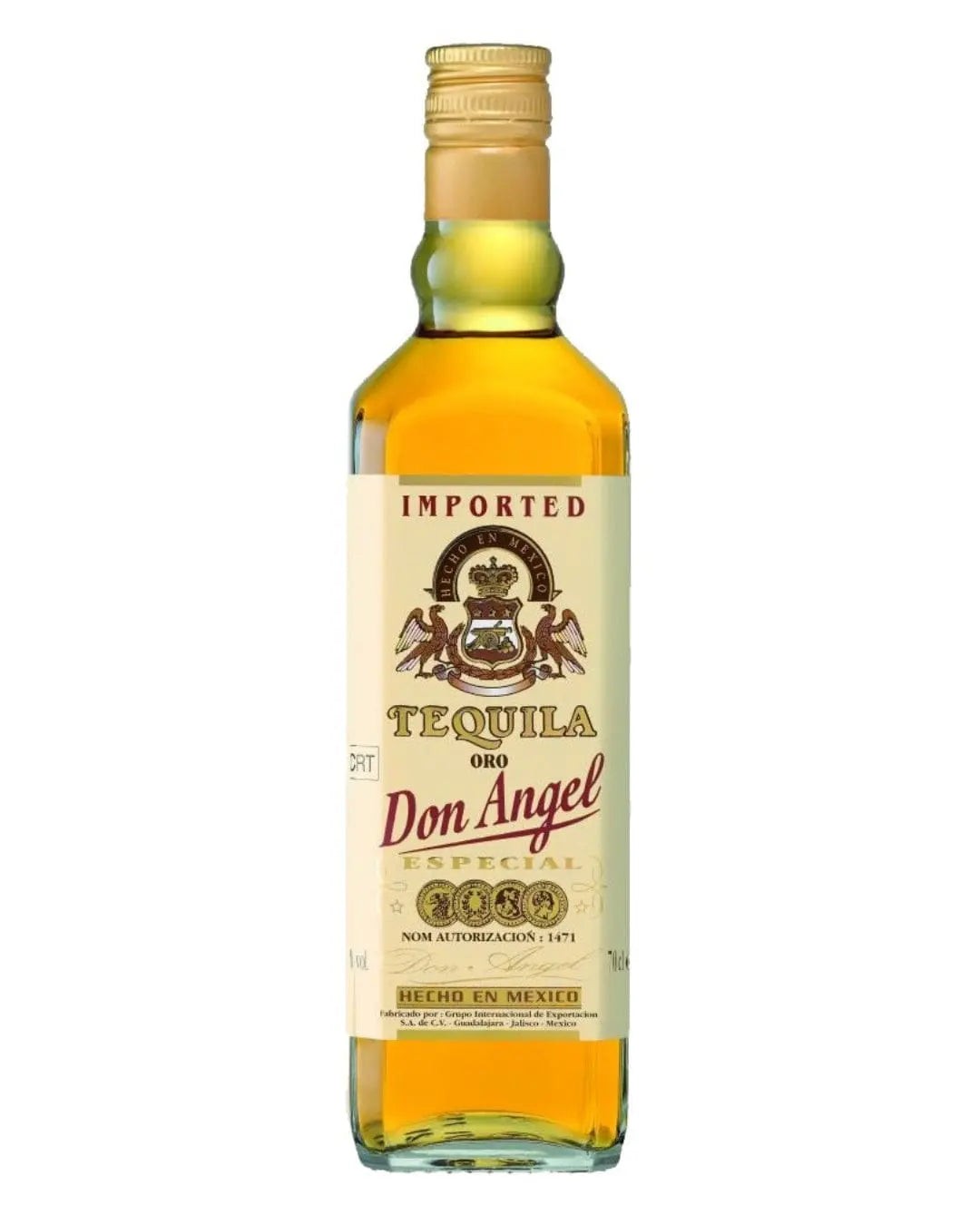 Clear glass bottle of Don Angel Gold Tequila, 70 cl, featuring a gold and cream label with a crest, and a golden cap, showcasing the amber liquid inside.