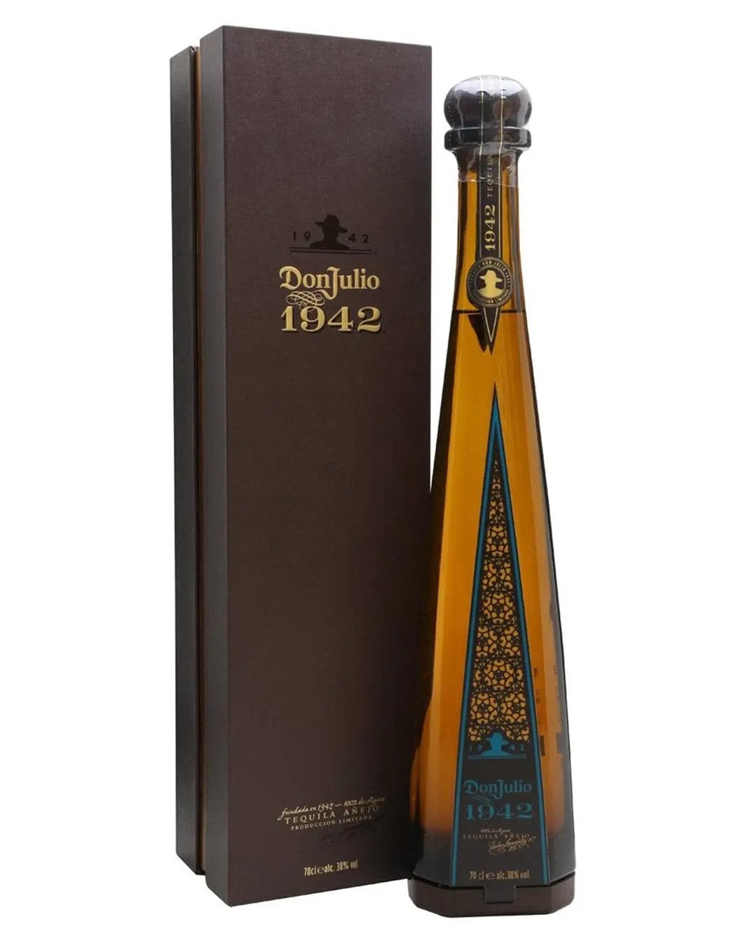 Amber-colored tequila in an elegant, tall glass bottle with a distinctive shape, featuring a blue and gold label, presented in a dark brown box with gold lettering.