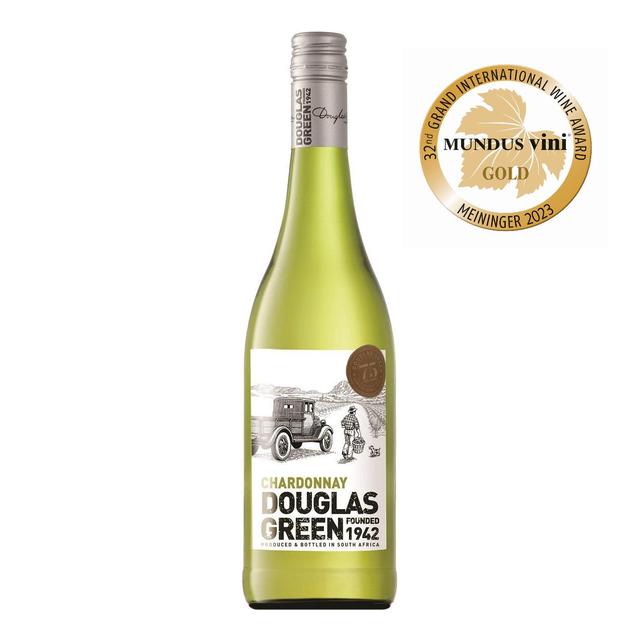 A green glass bottle of Douglas Green Chardonnay 2017, featuring a vintage-style label with an illustration of a truck and a gold medal for the Mundus Vini award.