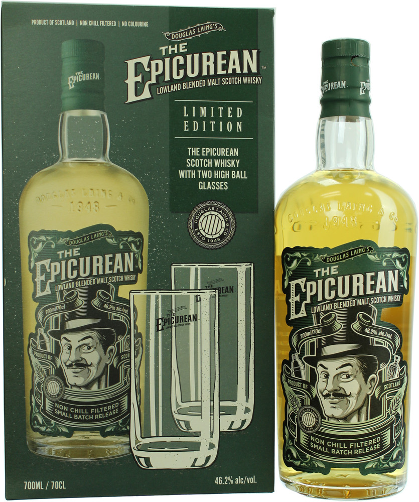 Douglas Laing's Epicurean Blended Malt Whisky gift pack features a 70cl bottle with a distinctive label and two highball glasses, all presented in a stylish green box.