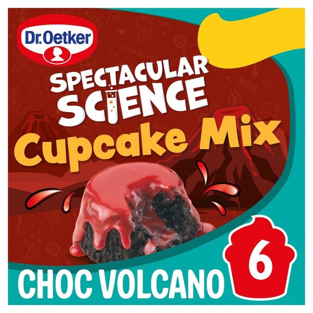 Brightly colored packaging featuring a volcano-themed design, with a chocolate cupcake topped with red lava-like frosting, labeled for six servings of Dr. Oetker's cupcake mix.
