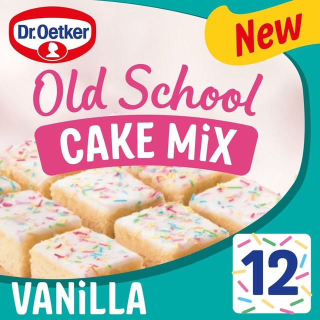 Dr. Oetker Vanilla School Cake Mix package features pastel colors with a prominent "New" label, showcasing square cake pieces topped with colorful sprinkles.