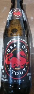 Black glass bottle of Dragon Stout featuring a red dragon logo, with a label that reads "Original Jamaican" and "Since 1920," in a 24-pack of 284 ml bottles.