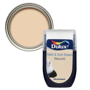 Dulux Biscotti Vinyl Matt Emulsion Paint in a 30ml tester pot, featuring a beige color with a soft sheen finish, labeled with the brand name and product details.
