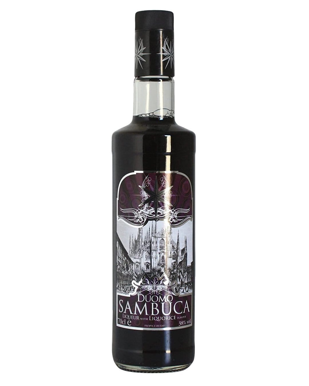 Duomo Black Liquorice Sambuca bottle, 70 cl, features a sleek black glass design with a detailed label showcasing a historic building and decorative elements in purple and silver.