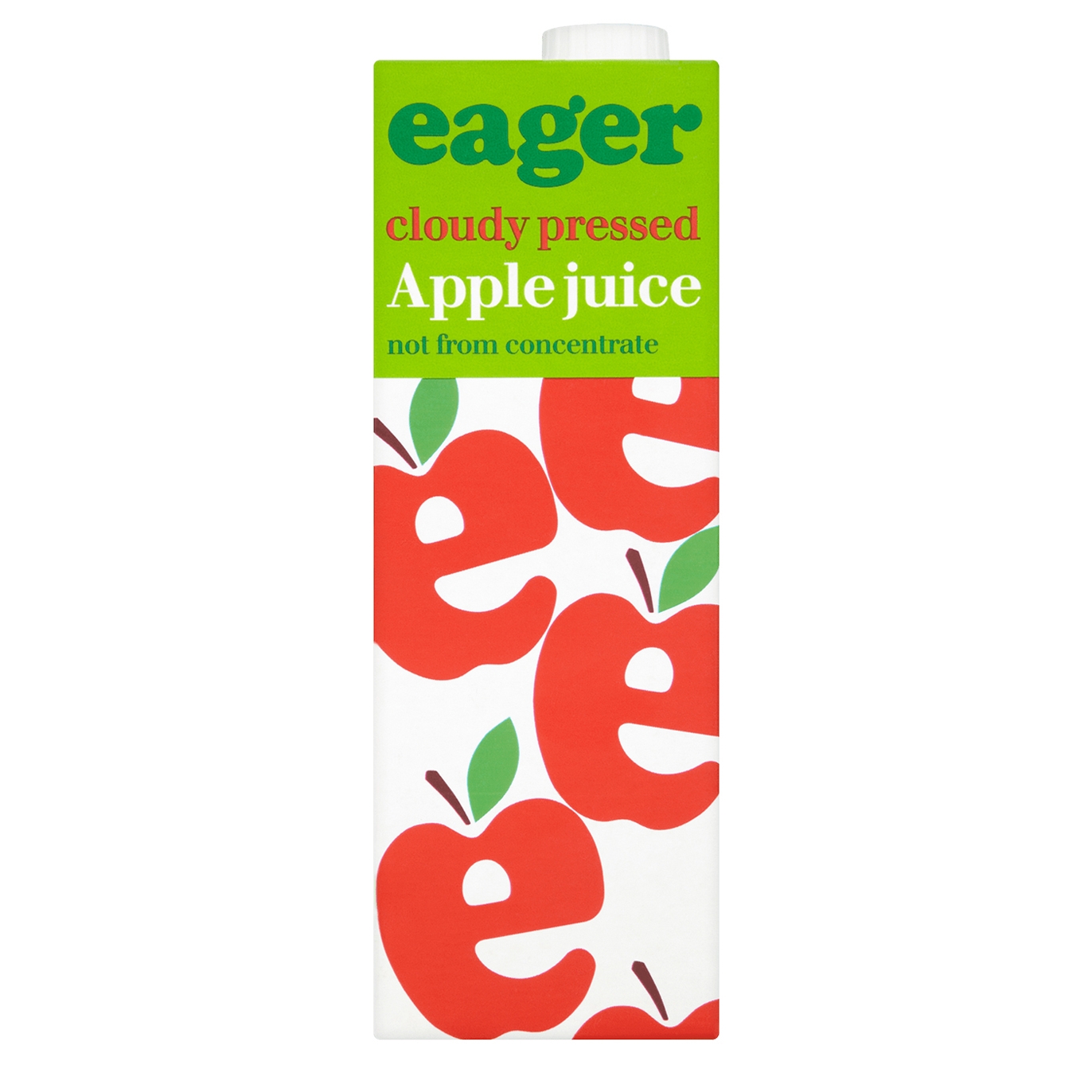 White carton featuring red apple graphics and green text, labeled "Eager Cloudy Pressed Apple Juice, 1 L, not from concentrate."