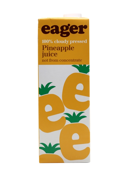 Yellow carton of Eager Pineapple Juice, 1 L, featuring a playful design with green pineapple tops and the brand name in bold red, labeled as 100% cloudy pressed and not from concentrate.