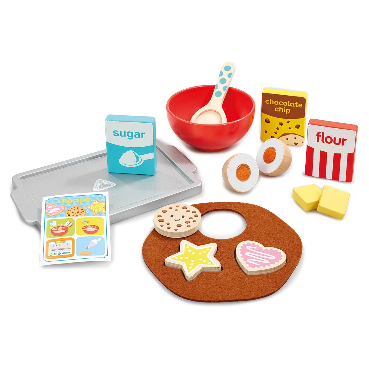 Wooden cookie baking set featuring a red mixing bowl, a silver baking tray, colorful ingredient boxes, wooden cookies, a spatula, and a felt baking mat.