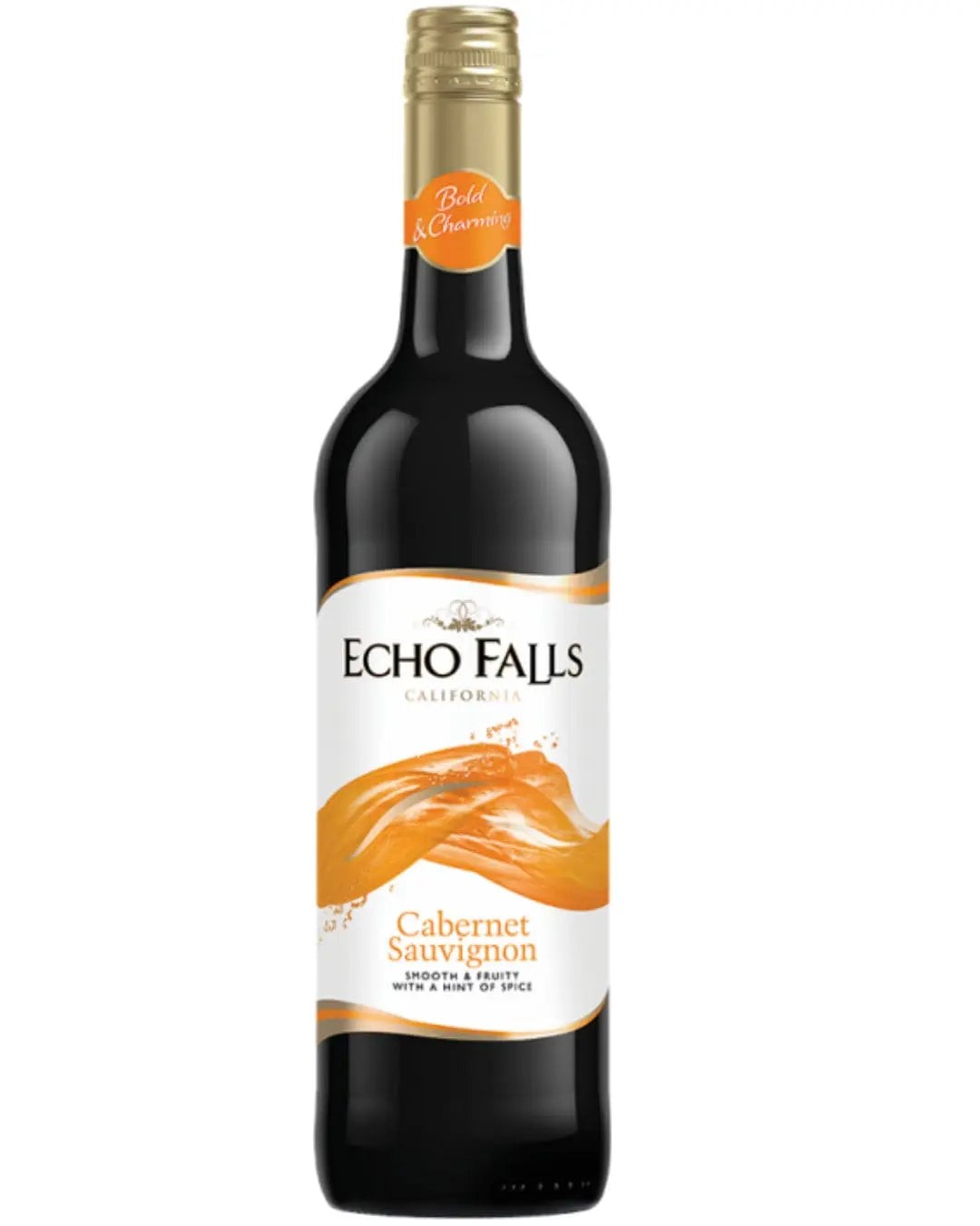 A 75 cl bottle of Echo Falls Cabernet Sauvignon red wine featuring a sleek glass design, a white label with orange accents, and the brand name prominently displayed.