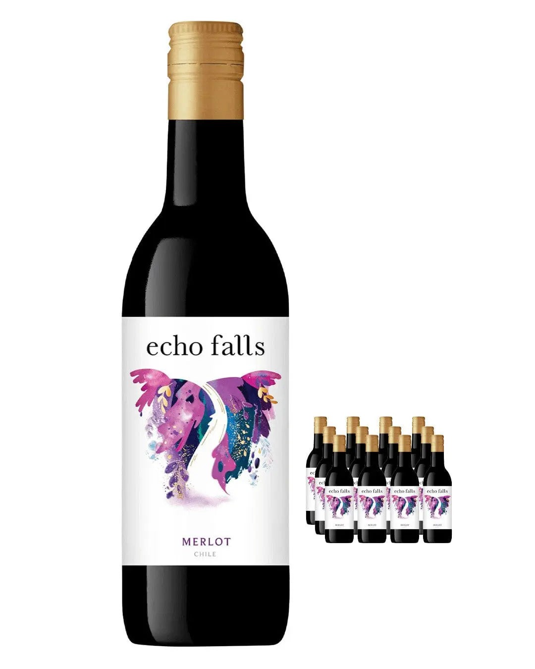 Twelve 187 ml bottles of Echo Falls Merlot, featuring a colorful label with purple and pink designs, capped with gold-colored tops, arranged in a compact multipack.