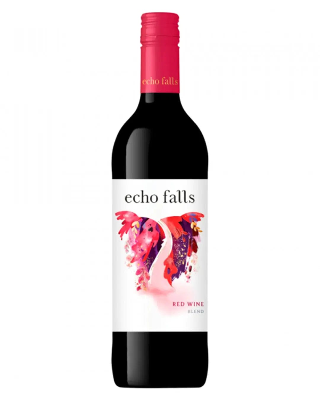 A 75 cl bottle of Echo Falls red wine featuring a vibrant label with colorful abstract designs and the brand name prominently displayed in bold text.