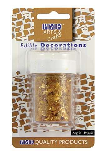 Gold glitter flakes in a clear plastic container, featuring a gold and white label with PME branding, ideal for cake decoration and edible crafts.