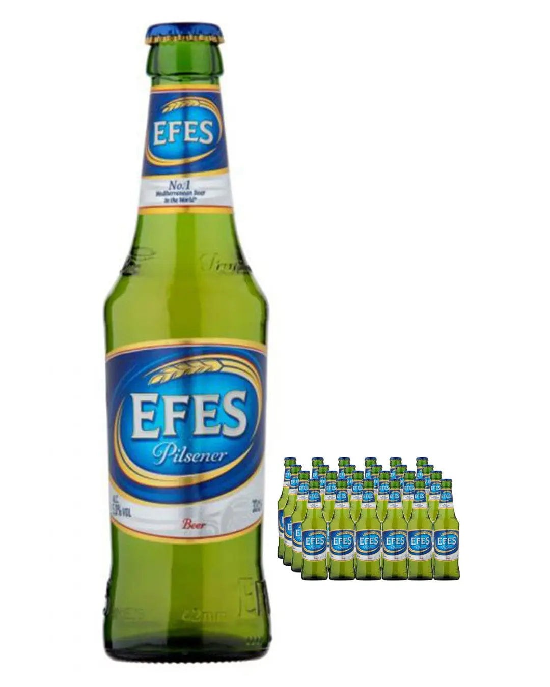 Green glass bottle of Efes Pilsner beer with a blue label featuring the brand name, alongside a multipack of 24 bottles, each 330 ml.