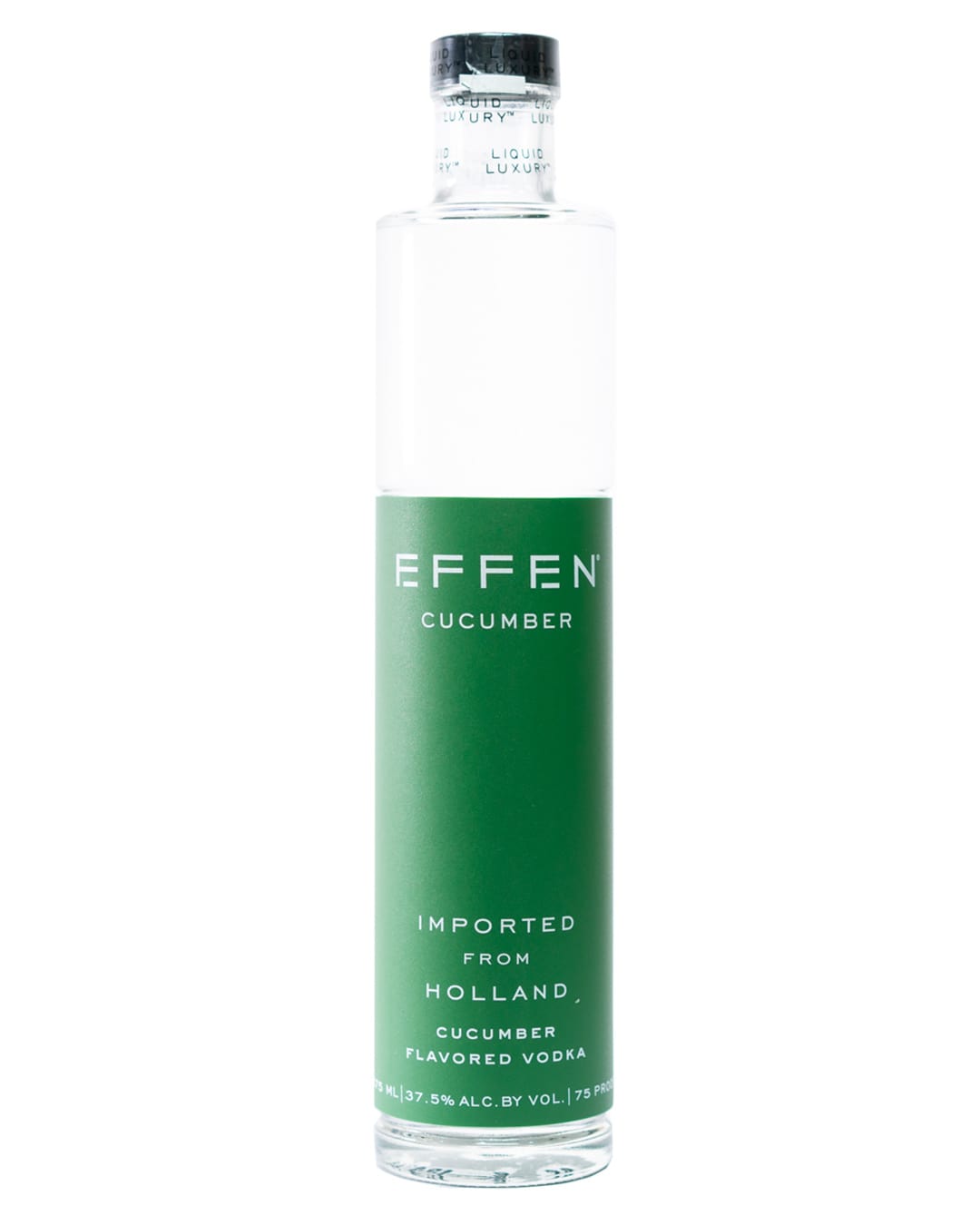 Clear glass bottle with a sleek design, featuring a green label that reads "EFFEN CUCUMBER" and "IMPORTED FROM HOLLAND," containing 70 cl of cucumber-flavored vodka.