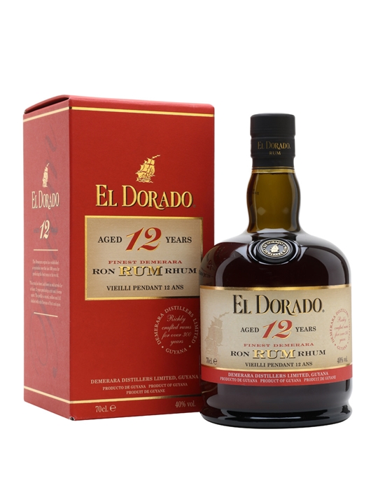 El Dorado 12 Year Old Rum in a dark glass bottle with a rounded shape, featuring a cream label and gold accents, presented in a red box with gold text.