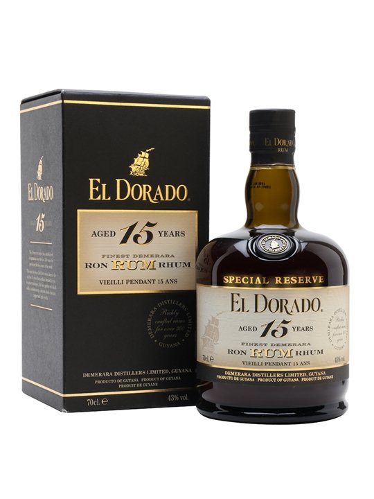 Dark amber bottle with a rounded shape, featuring a black label with gold text, alongside a black box displaying "El Dorado" and "Aged 15 Years" prominently.