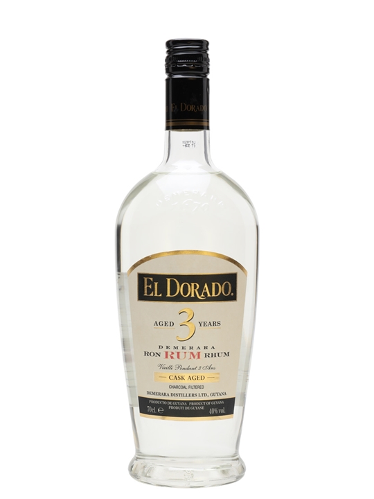 Clear glass bottle of El Dorado 3 Year Old White Rum, featuring a gold and black label with the text "El Dorado" and "Aged 3 Years," showcasing a modernist design.