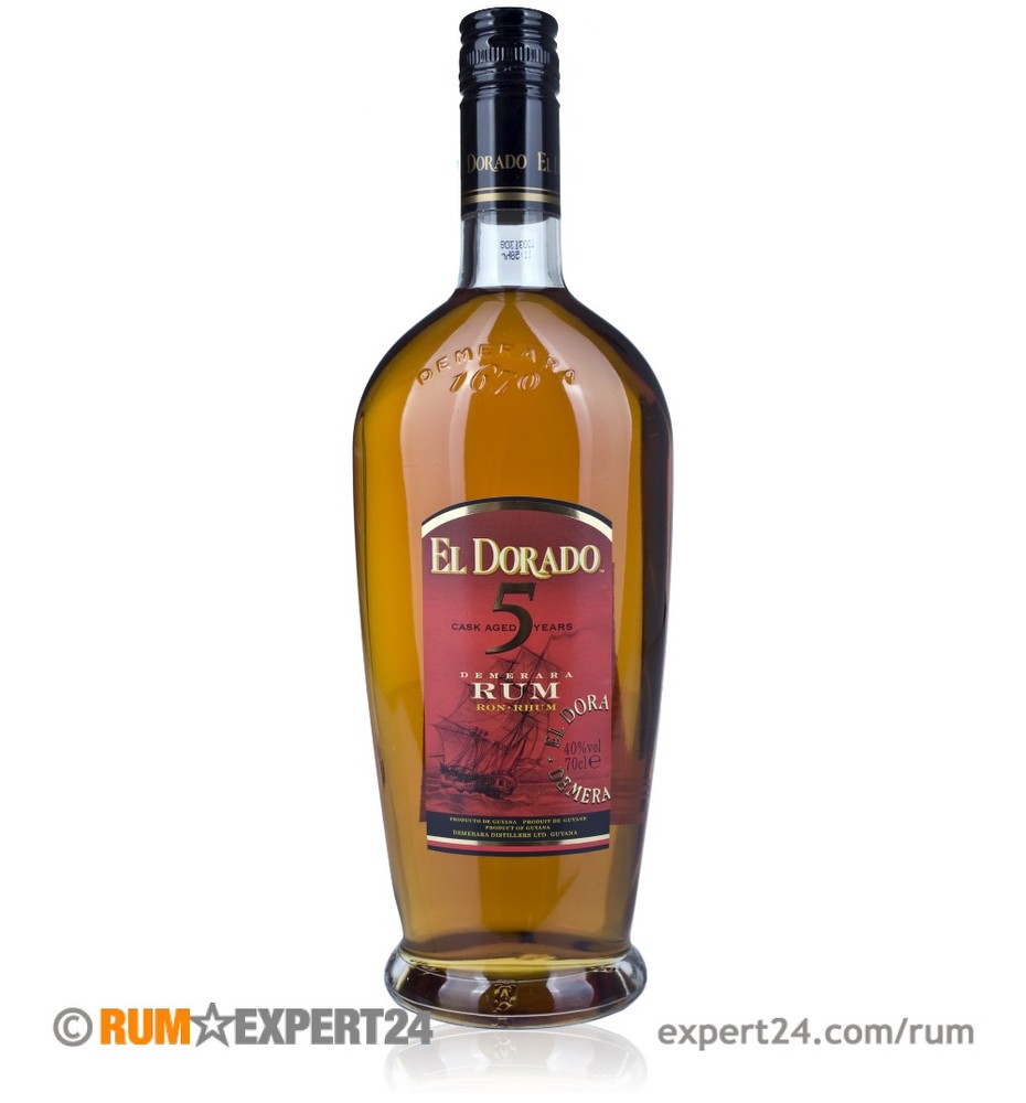 Amber-colored bottle of El Dorado 5 Year Old Rum, featuring a red and gold label with the brand name and age prominently displayed, topped with a black screw cap.