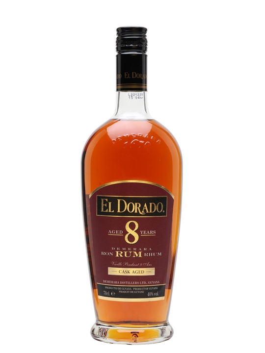 Amber-colored bottle of El Dorado 8 Year Old Demerara Rum, featuring a black and gold label with the text "8 Years" prominently displayed and a cork stopper.