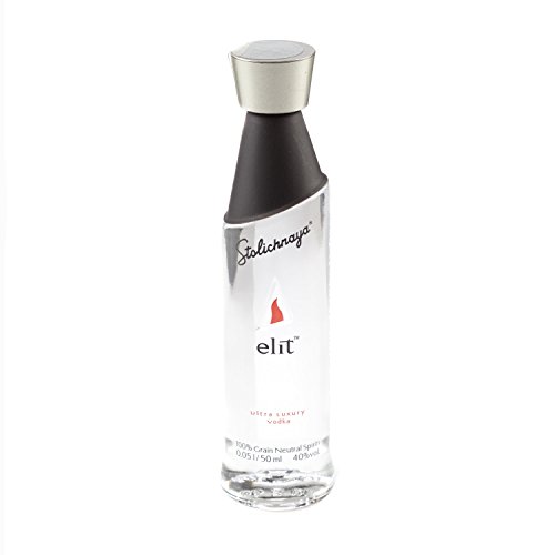 Clear glass bottle of elit vodka miniature, 5 cl, featuring a sleek design with a silver cap and a black neck, labeled with a red flame logo and text.